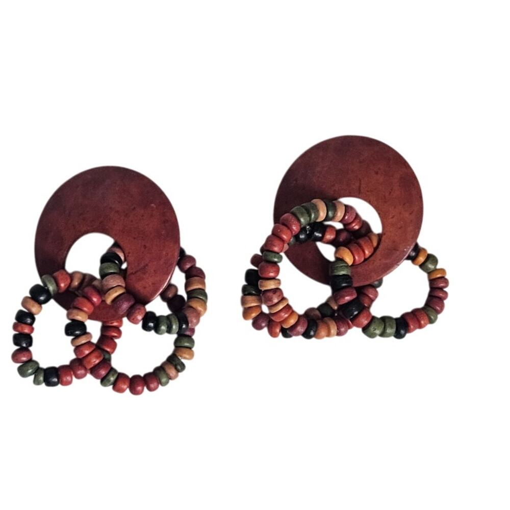 Vintage 90's Chunky Statement Wood Earrings Boho Nature Colors Beads Rust